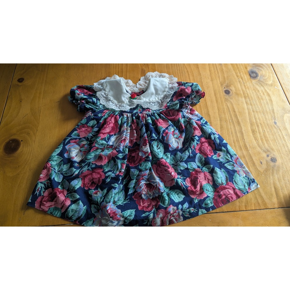 Jo Lene Vintage Kids Floral Dress Navy Pink Lace Peter Pan Collar Made in USA